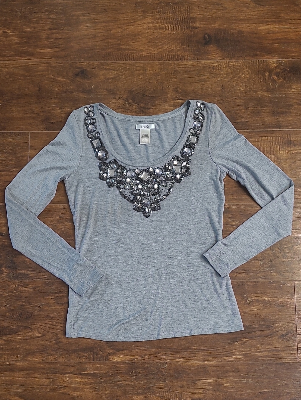 Women’s Embellished Scoop Neck Long Sleeve Top - Gray
